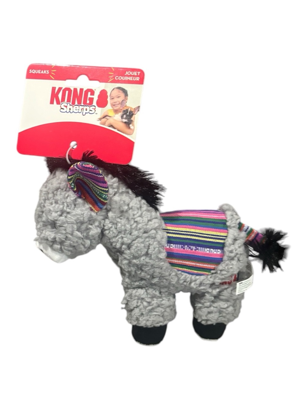 KONG Sherps Gray Plush Donkey Dog Toy with Multicolor Saddle & Ears w/squeaker